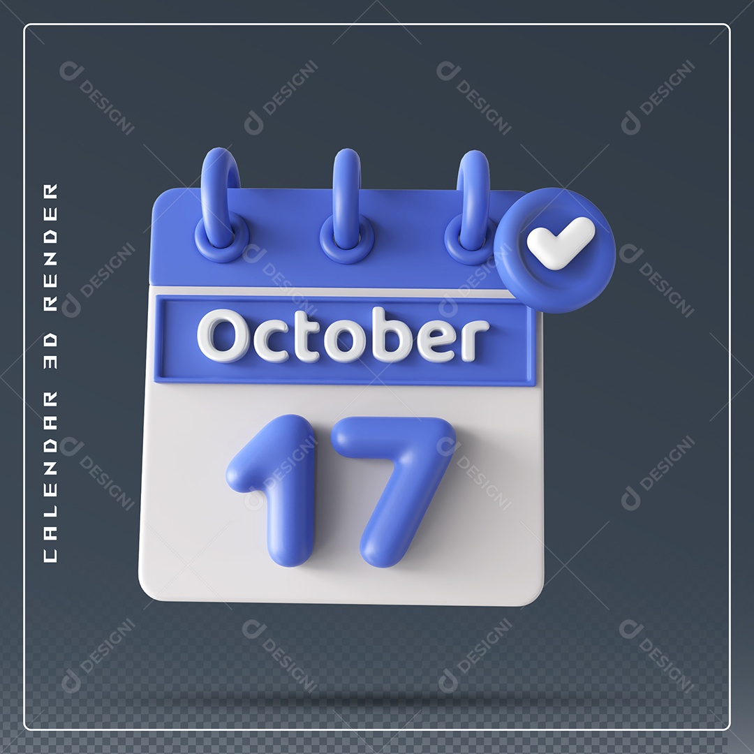 Calendário Do mês Outubro Dia 17 Elemento 3D Azul e Branco Para Composição PSD