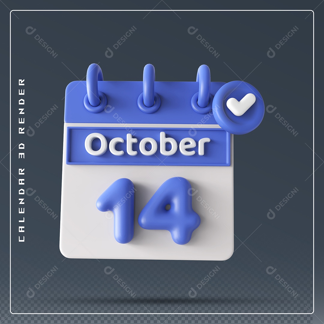 Calendário Do mês Outubro Dia 14 Elemento 3D Azul e Branco Para Composição PSD