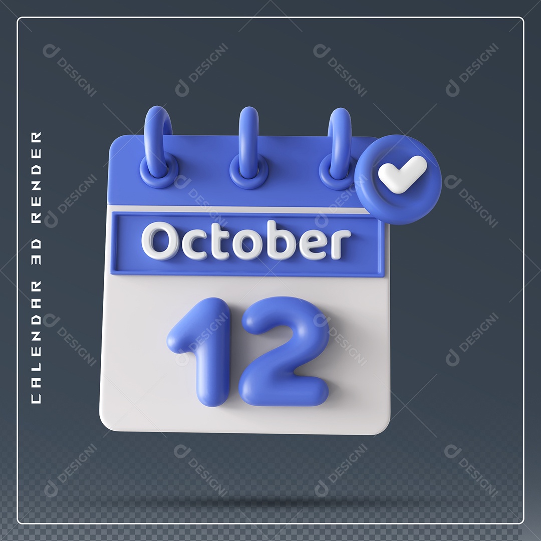 Calendário Do mês Outubro Dia 12 Elemento 3D Azul e Branco Para Composição PSD