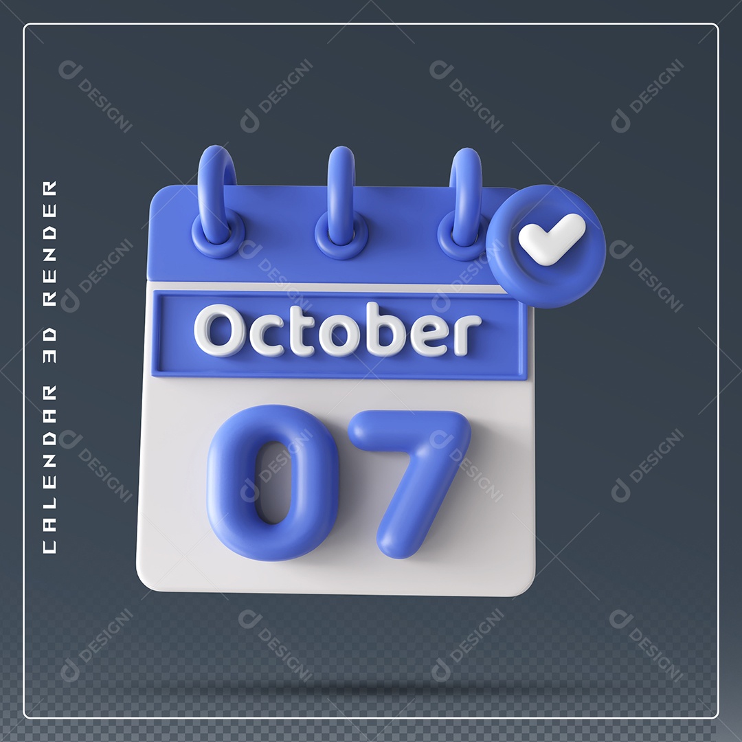 Calendário Do mês Outubro Dia 07 Elemento 3D Azul e Branco Para Composição PSD