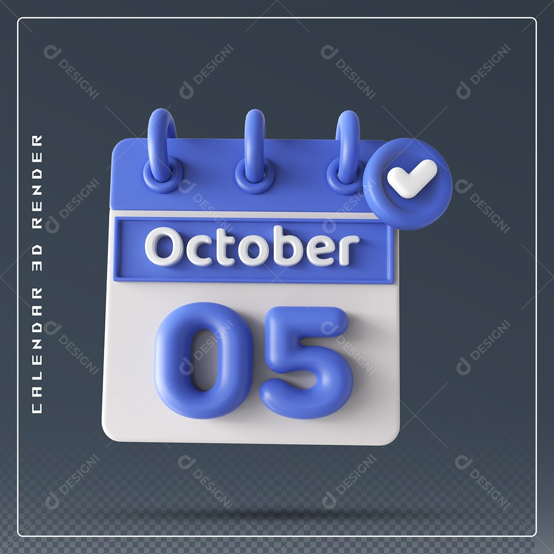 Calendário Do mês Outubro Dia 05 Elemento 3D Azul e Branco Para Composição PSD