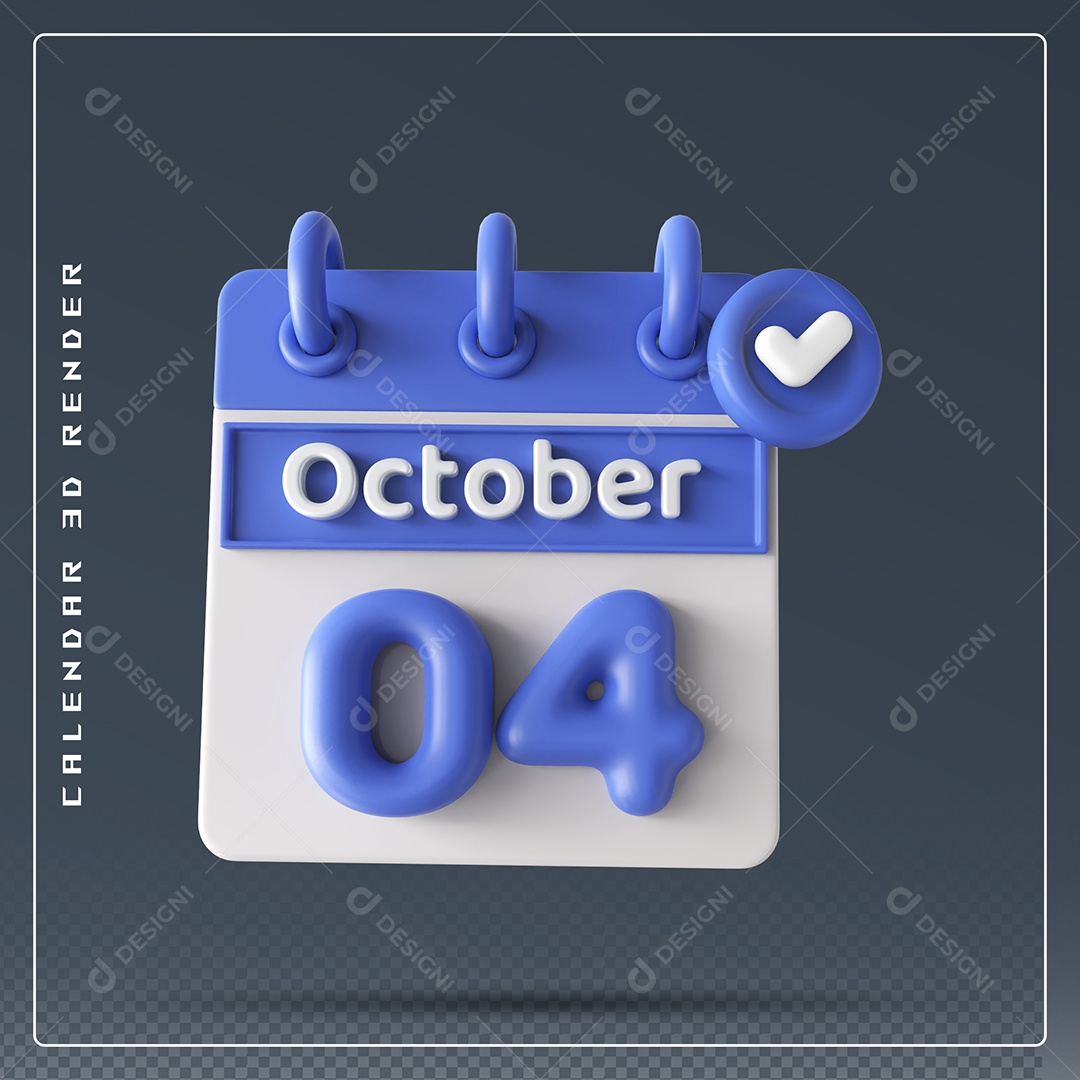 Calendário Do mês Outubro Dia 04 Elemento 3D Azul e Branco Para Composição PSD