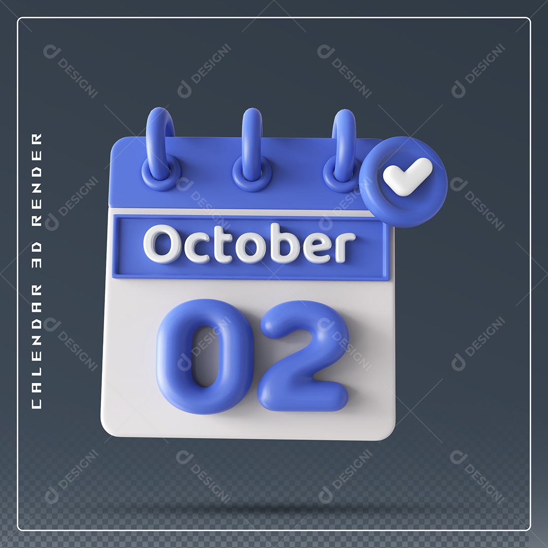 Calendário Do mês Outubro Dia 02 Elemento 3D Azul e Branco Para Composição PSD