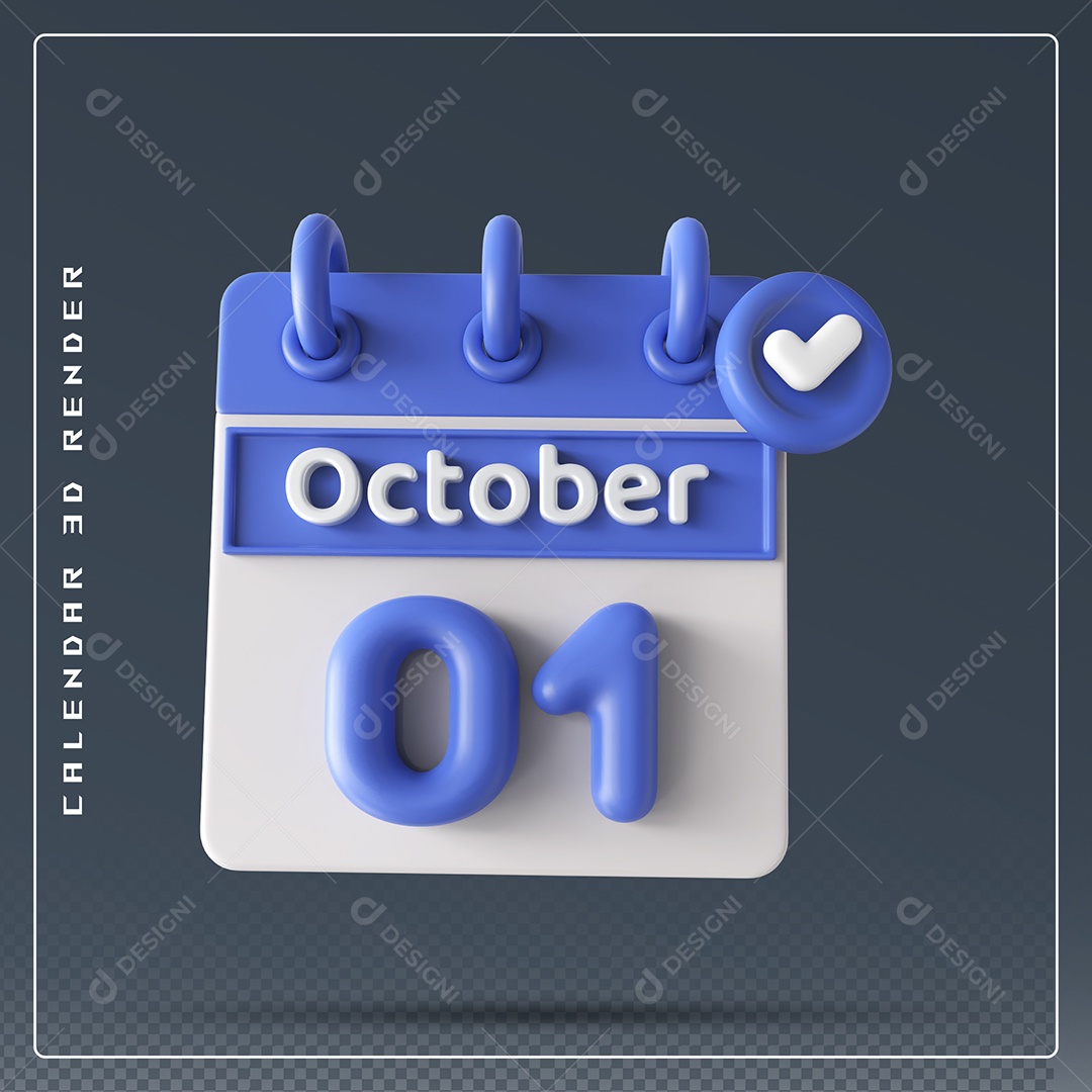 Calendário Do mês Outubro Dia 01 Elemento 3D Azul e Branco Para Composição PSD