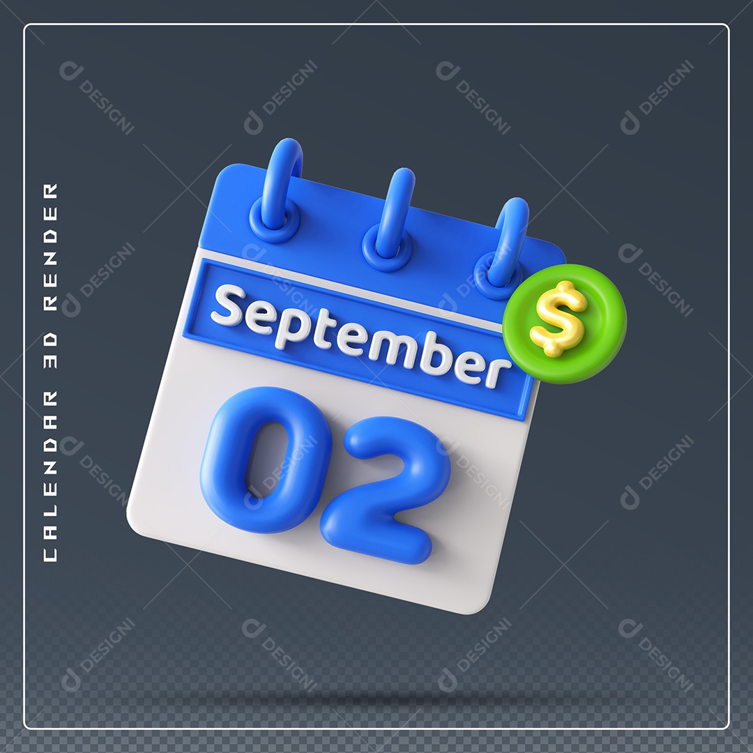 Calendário Do mês Setembro Dia 02 Elemento 3D Azul e Branco Para Composição PSD