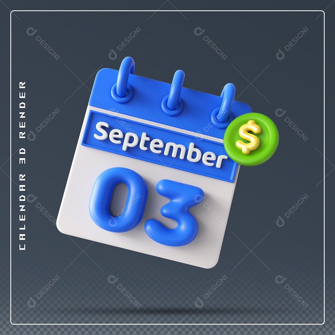 Calendário Do mês Setembro Dia 03 Elemento 3D Azul e Branco Para Composição PSD