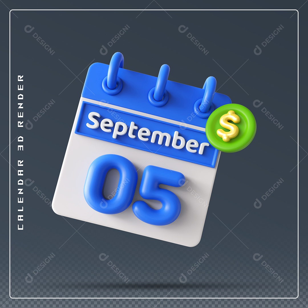 Calendário Do mês Setembro Dia 05 Elemento 3D Azul e Branco Para Composição PSD