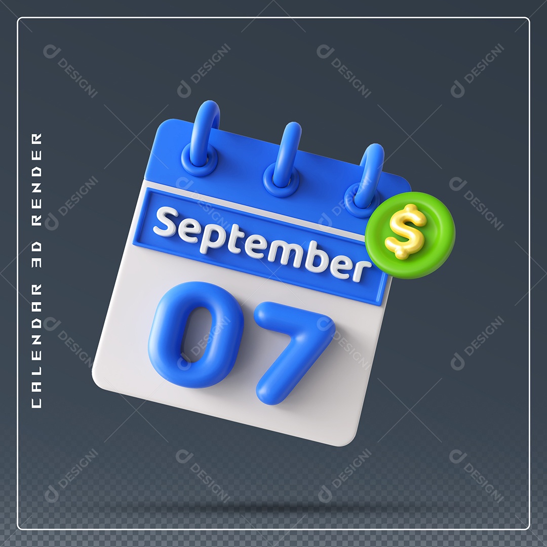 Calendário Do mês Setembro Dia 07 Elemento 3D Azul e Branco Para Composição PSD