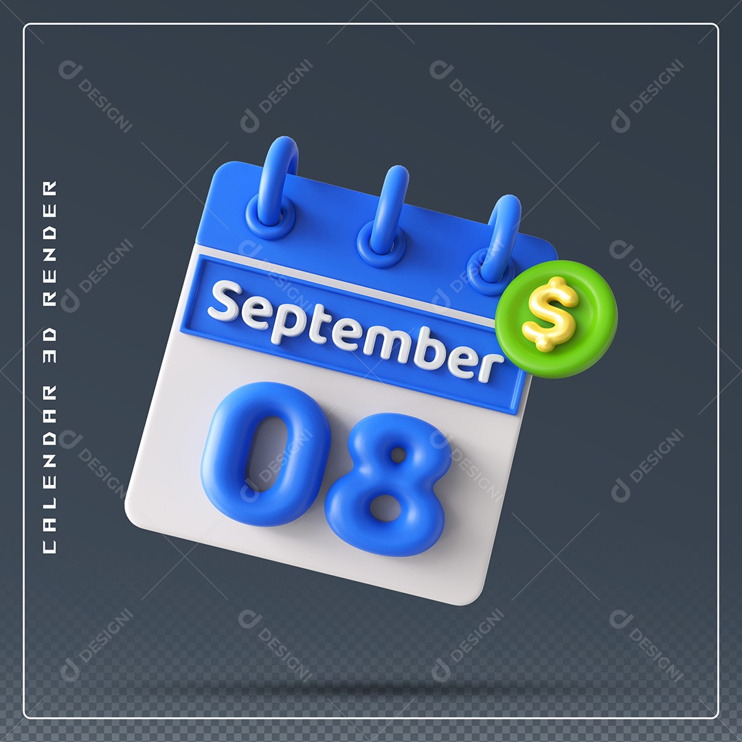 Calendário Do mês Setembro Dia 08 Elemento 3D Azul e Branco Para Composição PSD