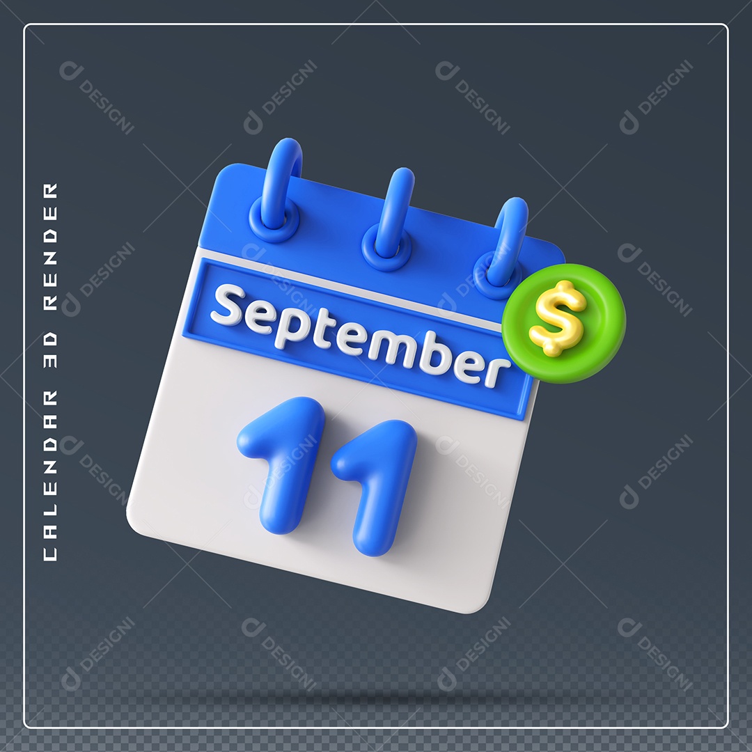 Calendário Do mês Setembro Dia 11 Elemento 3D Azul e Branco Para Composição PSD