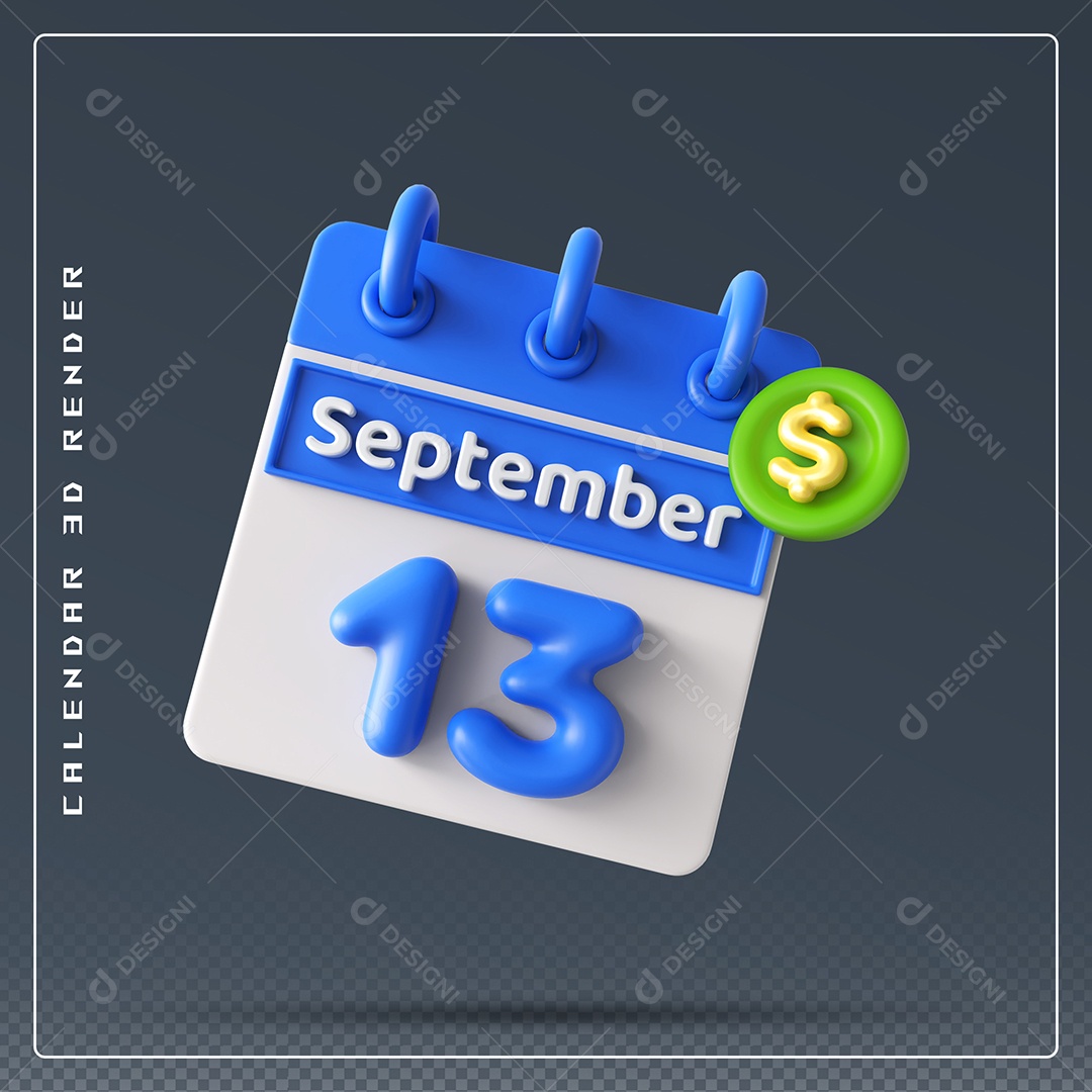 Calendário Do mês Setembro Dia 13 Elemento 3D Azul e Branco Para Composição PSD