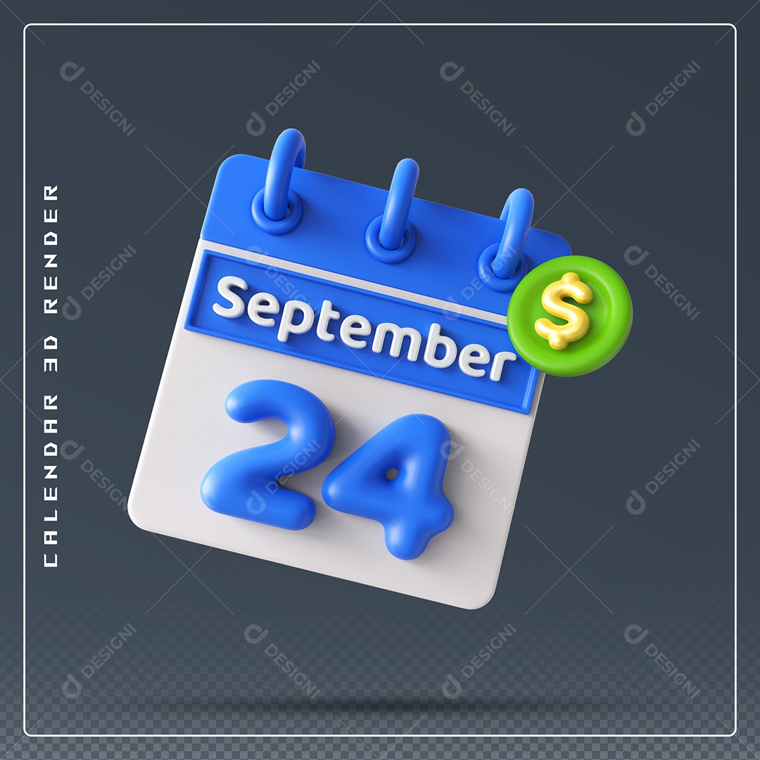Calendário Do mês Setembro Dia 24 Elemento 3D Azul e Branco Para Composição PSD