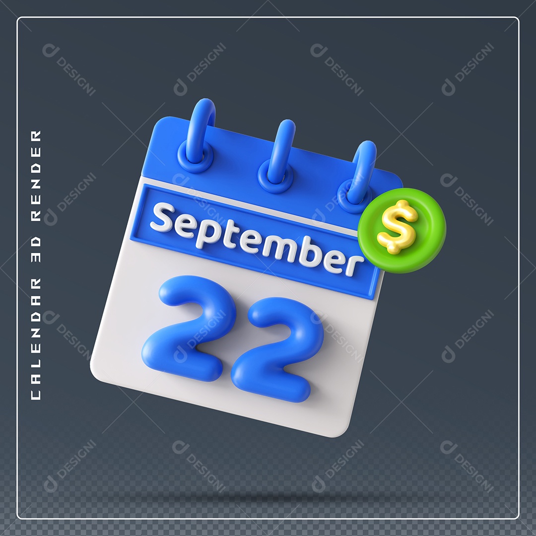 Calendário Do mês Setembro Dia 22 Elemento 3D Azul e Branco Para Composição PSD