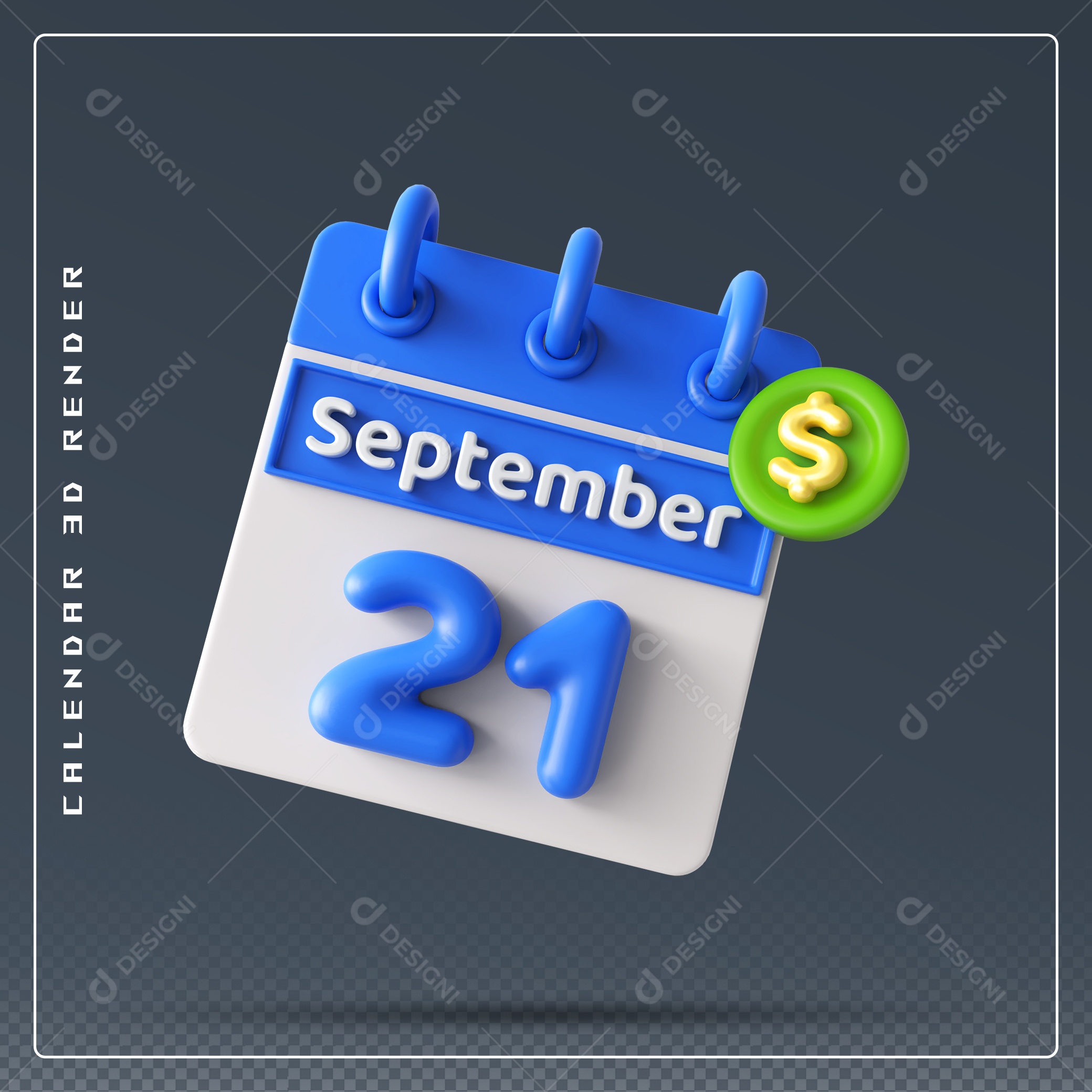 Calendário Do mês Setembro Dia 21 Elemento 3D Azul e Branco Para Composição PSD