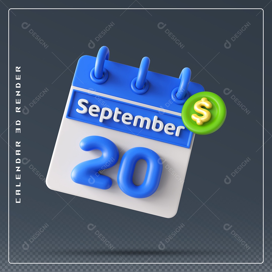 Calendário Do mês Setembro Dia 20 Elemento 3D Azul e Branco Para Composição PSD