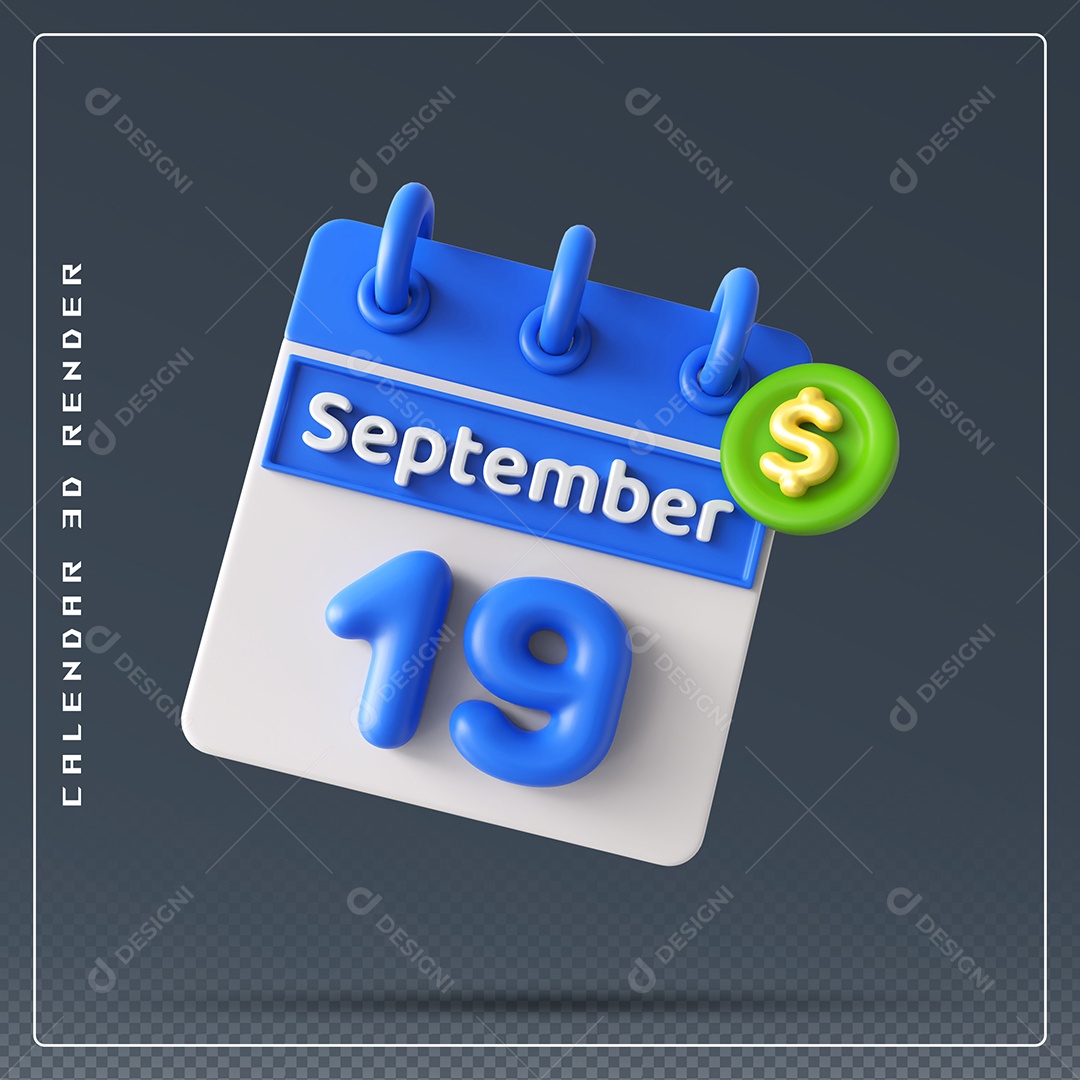 Calendário Do mês Setembro Dia 19 Elemento 3D Azul e Branco Para Composição PSD