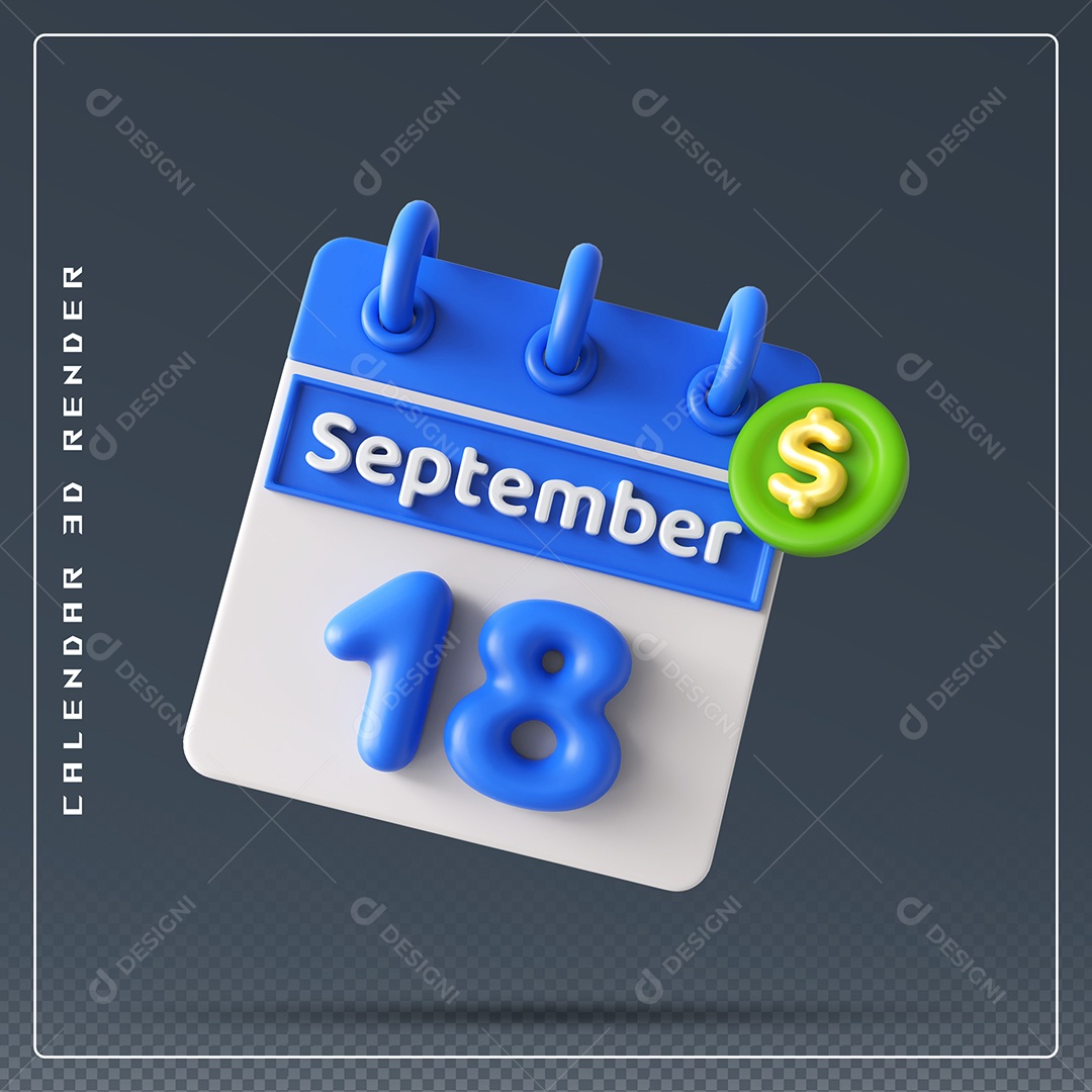Calendário Do mês Setembro Dia 18 Elemento 3D Azul e Branco Para Composição PSD