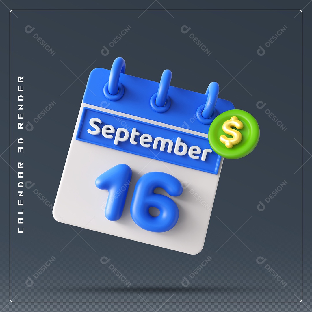 Calendário Do mês Setembro Dia 16 Elemento 3D Azul e Branco Para Composição PSD