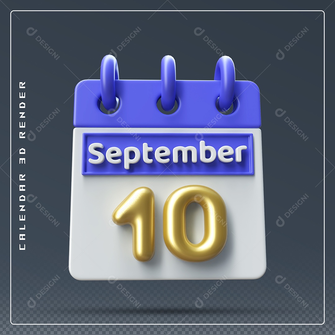 Calendário Do mês Setembro Dia 10 Elemento 3D Azul Dourado e Branco Para Composição PSD
