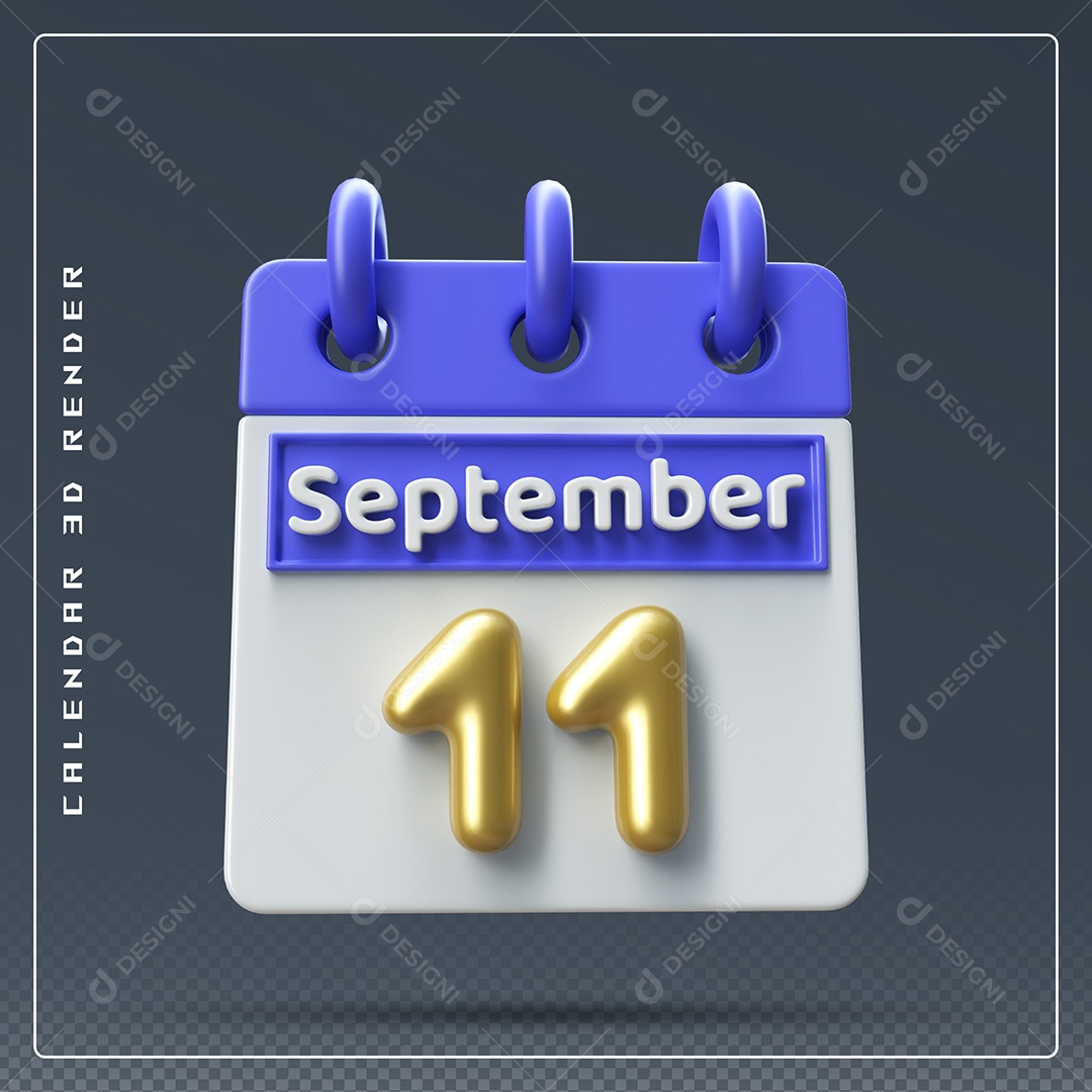 Calendário Do mês Setembro Dia 11 Elemento 3D Azul Dourado e Branco Para Composição PSD