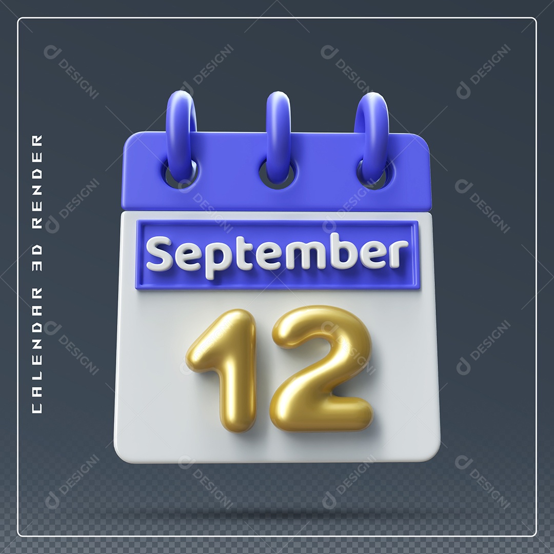 Calendário Do mês Setembro Dia 12 Elemento 3D Azul Dourado e Branco Para Composição PSD