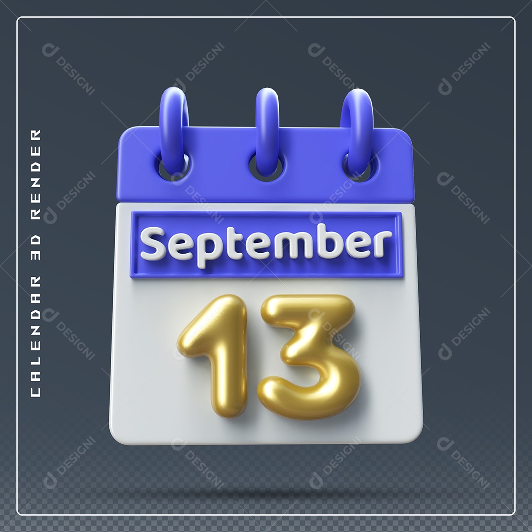 Calendário Do mês Setembro Dia 13 Elemento 3D Azul Dourado e Branco Para Composição PSD
