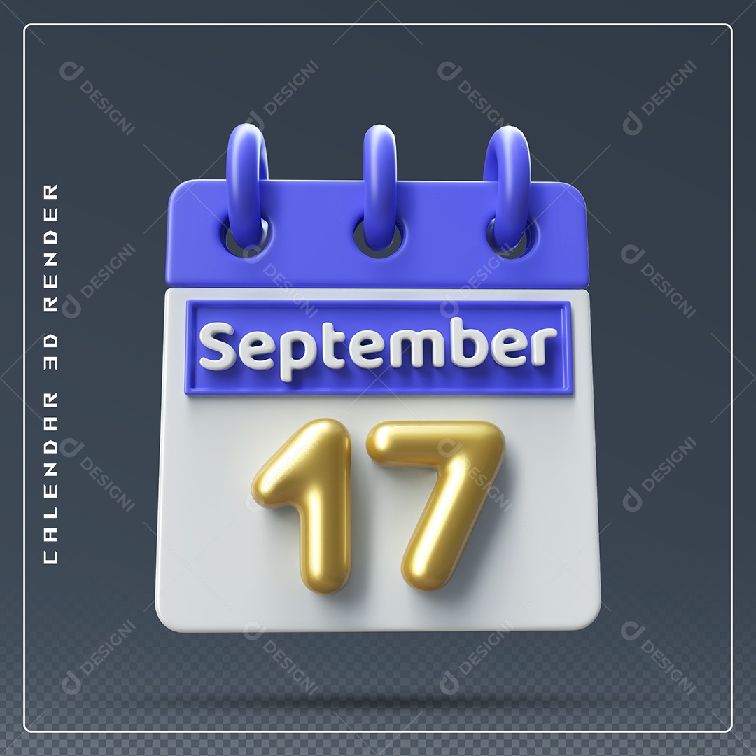 Calendário Do mês Setembro Dia 17 Elemento 3D Azul Dourado e Branco Para Composição PSD