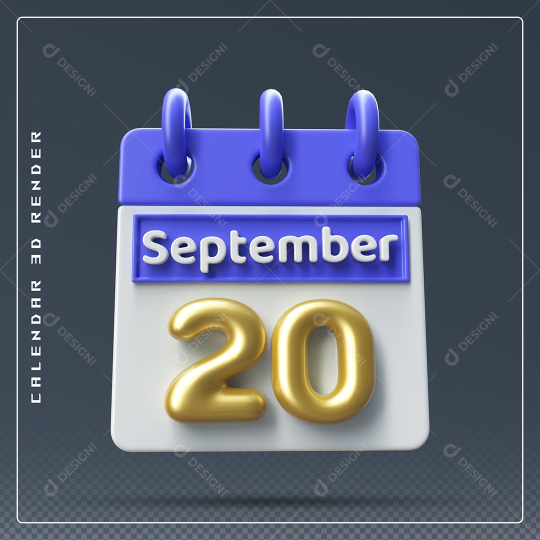 Calendário Do mês Setembro Dia 20 Elemento 3D Azul Dourado e Branco Para Composição PSD