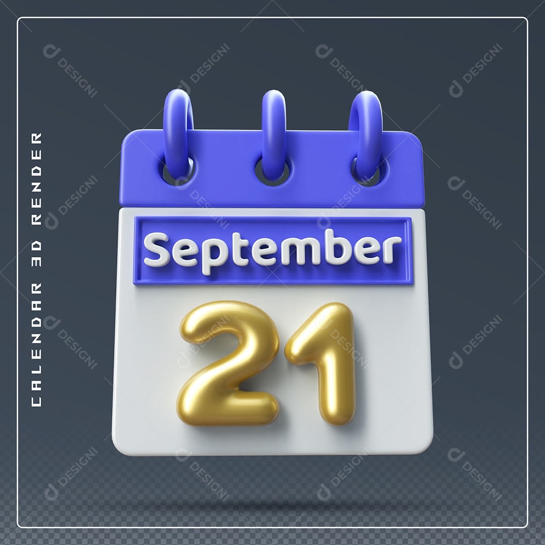 Calendário Do mês Setembro Dia 21 Elemento 3D Azul Dourado e Branco Para Composição PSD