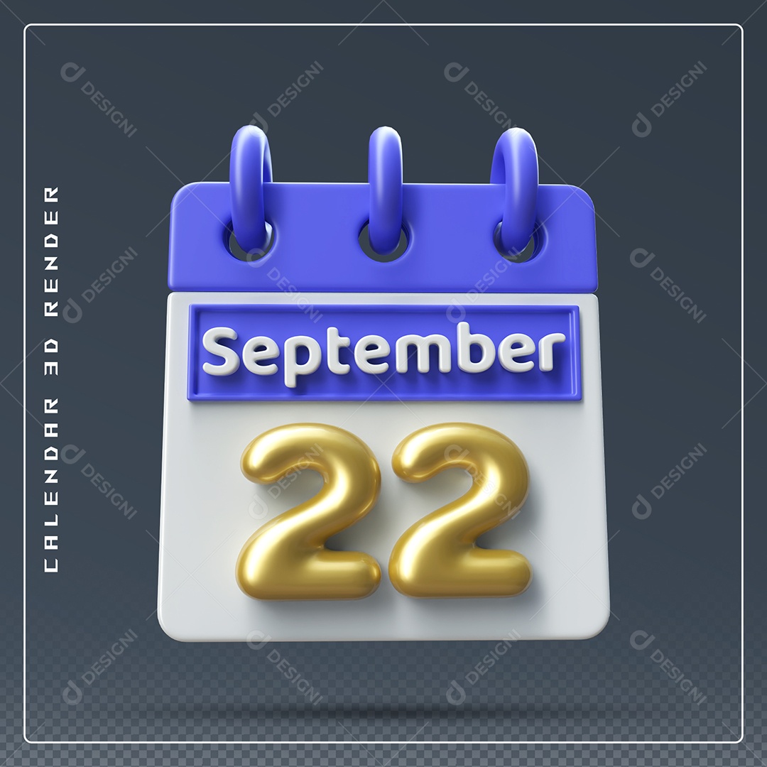 Calendário Do mês Setembro Dia 22 Elemento 3D Azul Dourado e Branco Para Composição PSD