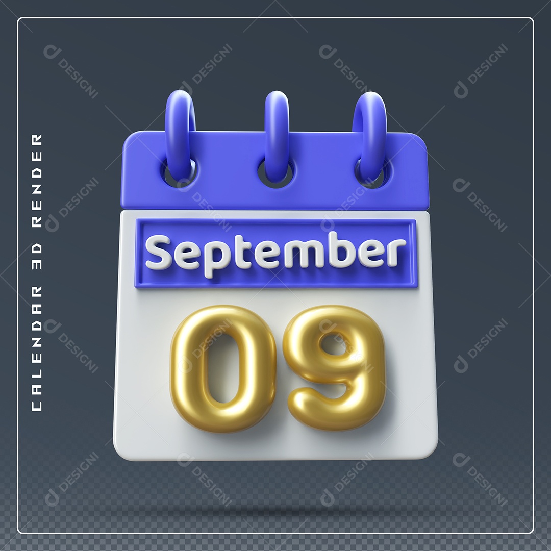 Calendário Do mês Setembro Dia 09 Elemento 3D Azul Dourado e Branco Para Composição PSD