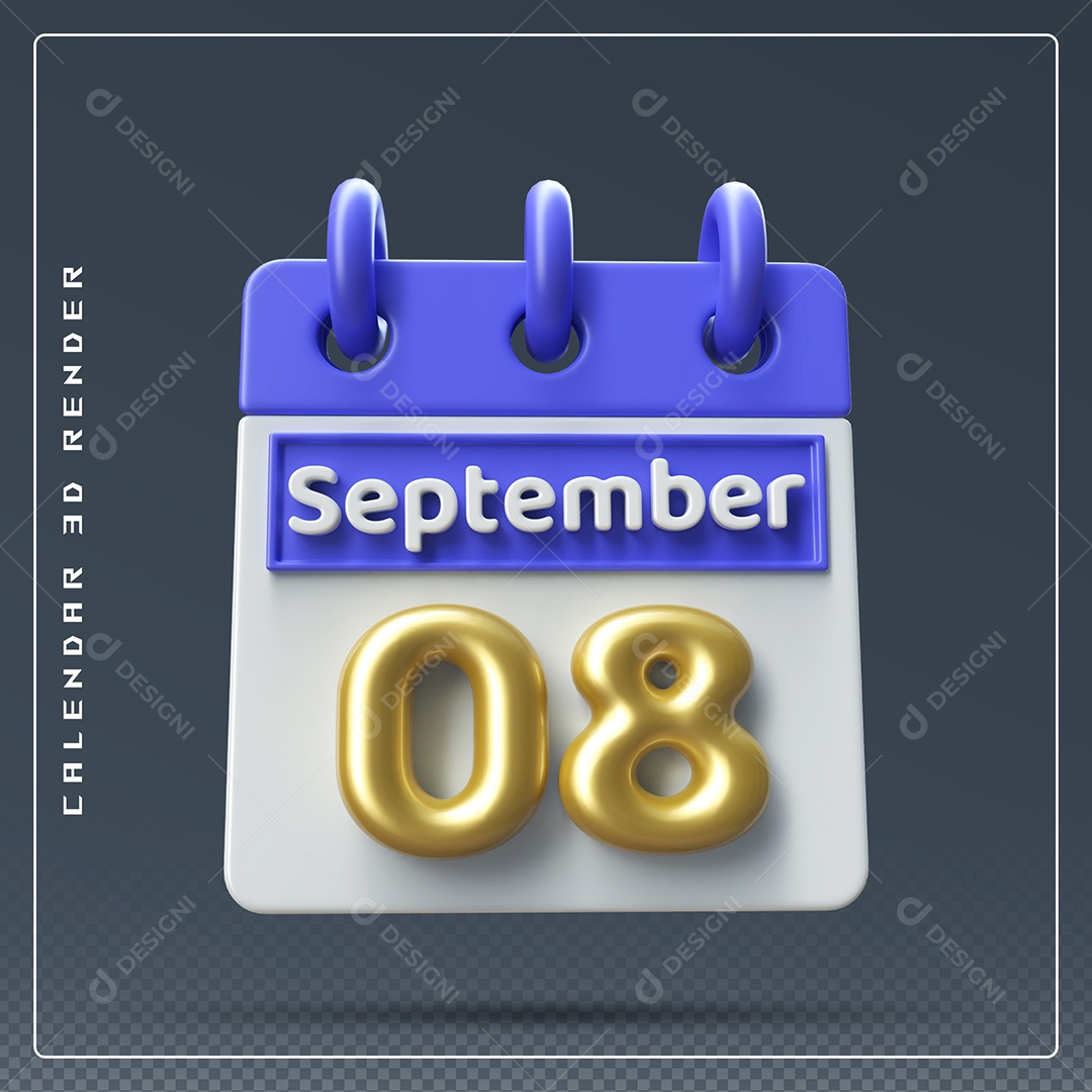Calendário Do mês Setembro Dia 08 Elemento 3D Azul Dourado e Branco Para Composição PSD