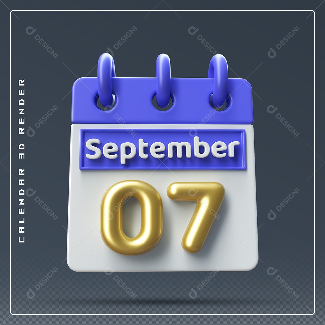 Calendário Do mês Setembro Dia 07 Elemento 3D Azul Dourado e Branco Para Composição PSD
