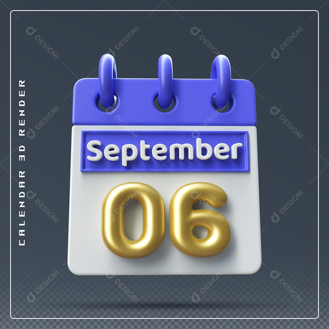 Calendário Do mês Setembro Dia 06 Elemento 3D Azul Dourado e Branco Para Composição PSD