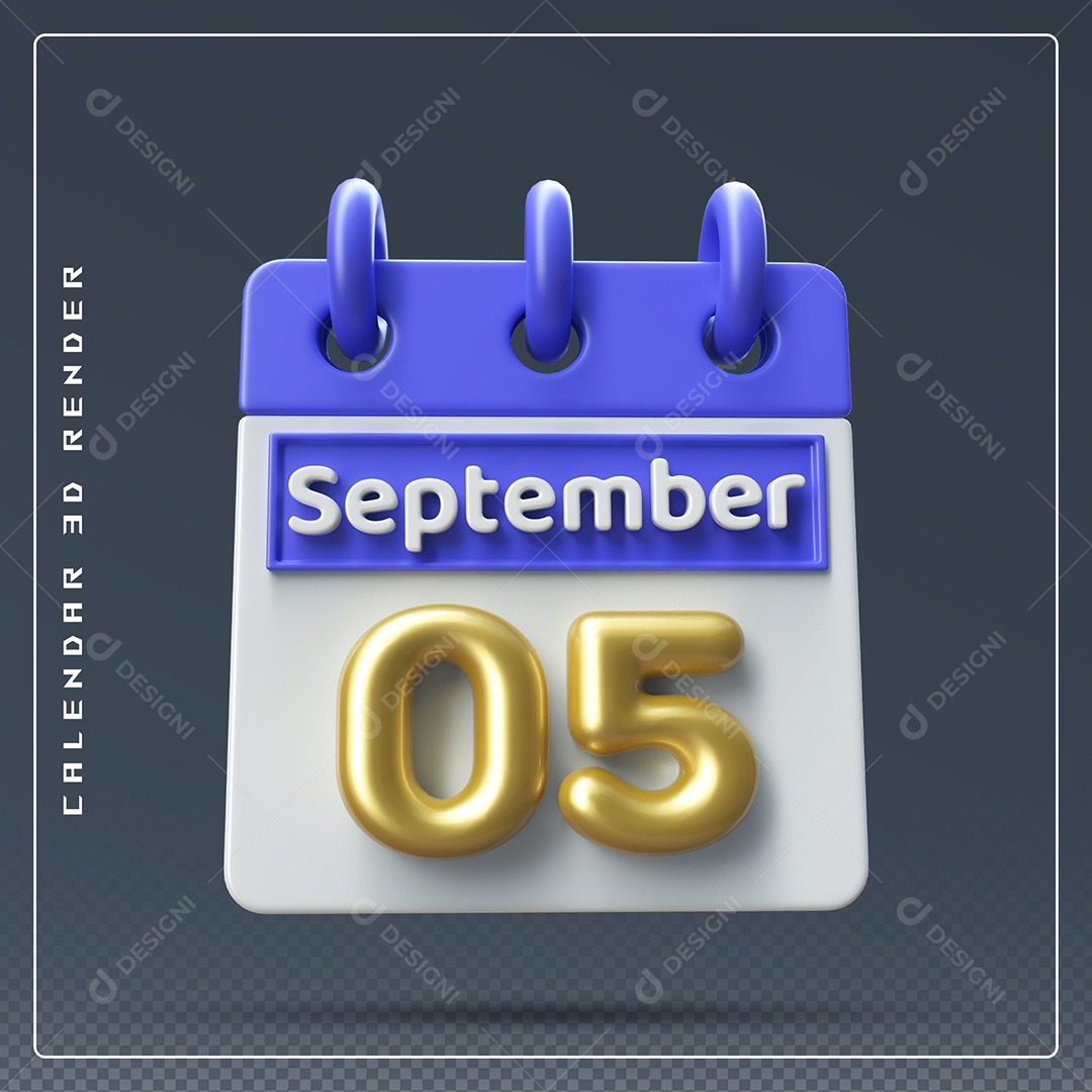 Calendário Do mês Setembro Dia 05 Elemento 3D Azul Dourado e Branco Para Composição PSD
