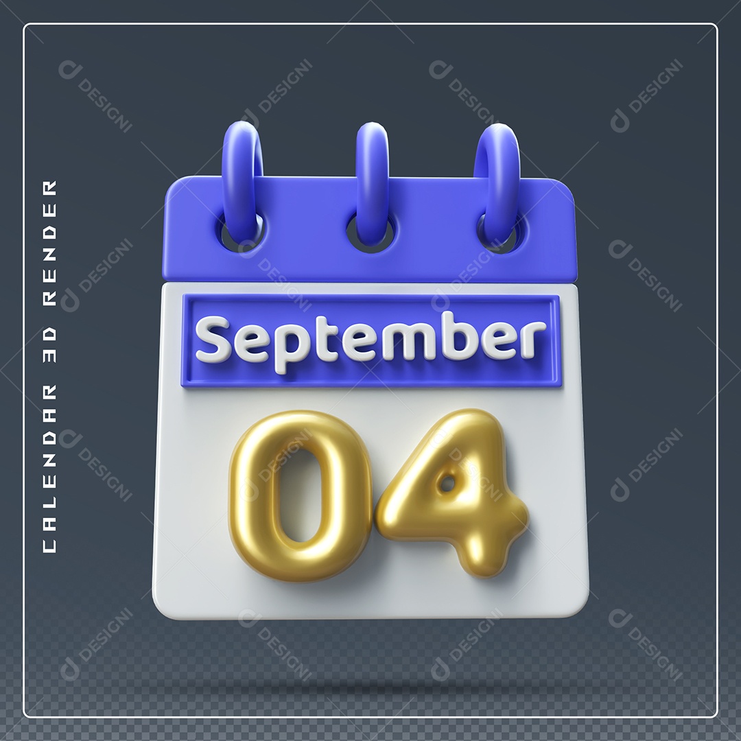 Calendário Do mês Setembro Dia 04 Elemento 3D Azul Dourado e Branco Para Composição PSD
