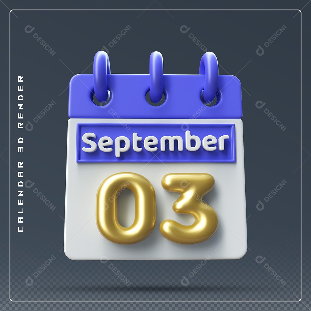 Calendário Do mês Setembro Dia 03 Elemento 3D Azul Dourado e Branco Para Composição PSD