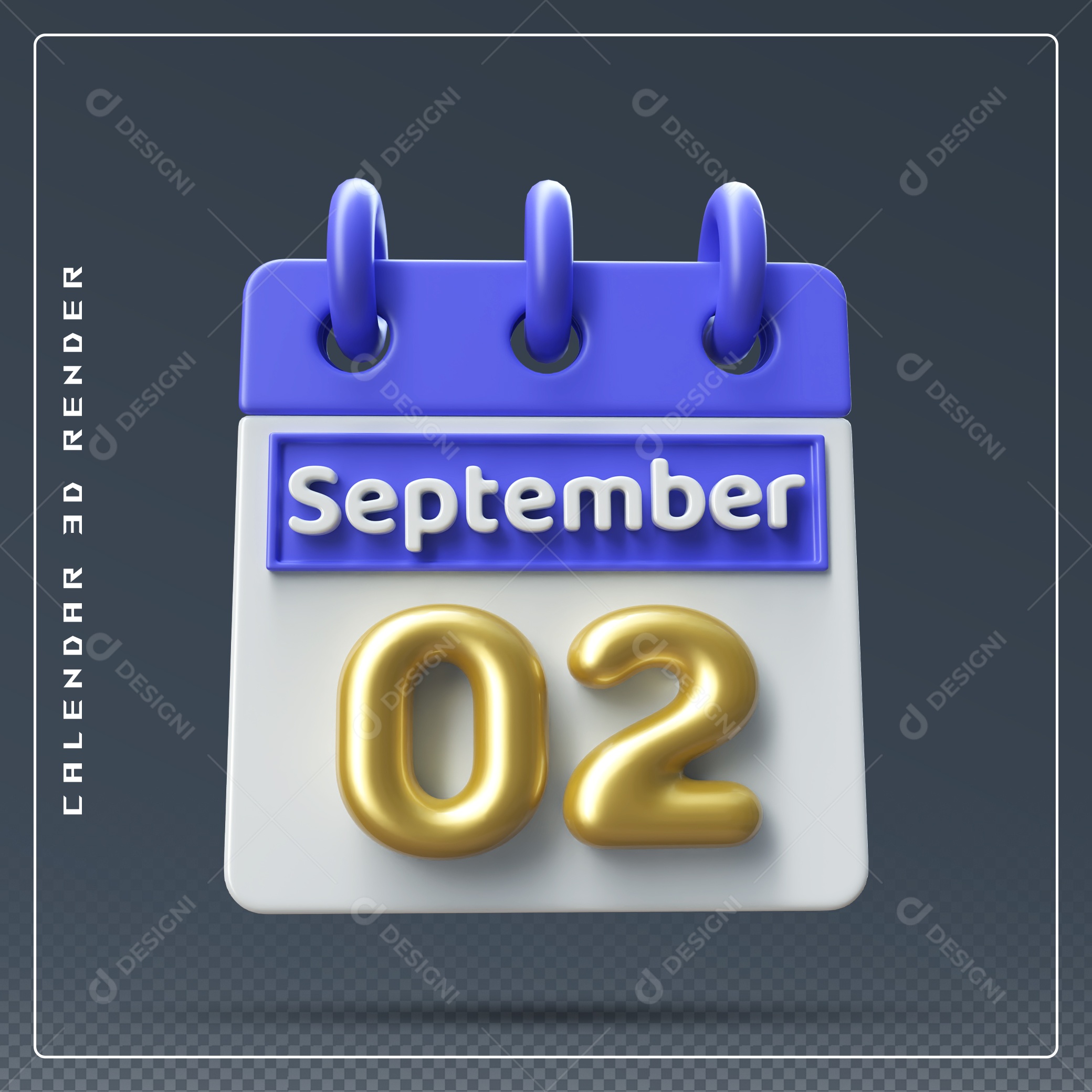Calendário Do mês Setembro Dia 02 Elemento 3D Azul Dourado e Branco Para Composição PSD