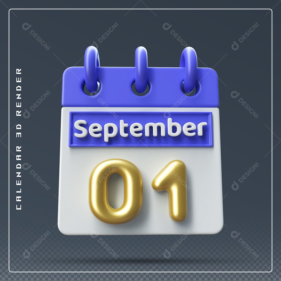 Calendário Do mês Setembro Dia 01 Elemento 3D Azul Dourado e Branco Para Composição PSD