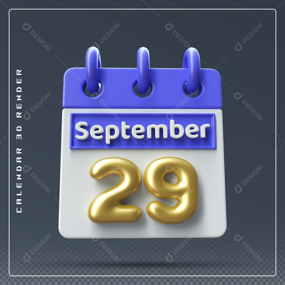 Calendário Do mês Setembro Dia 29 Elemento 3D Azul Dourado e Branco Para Composição PSD