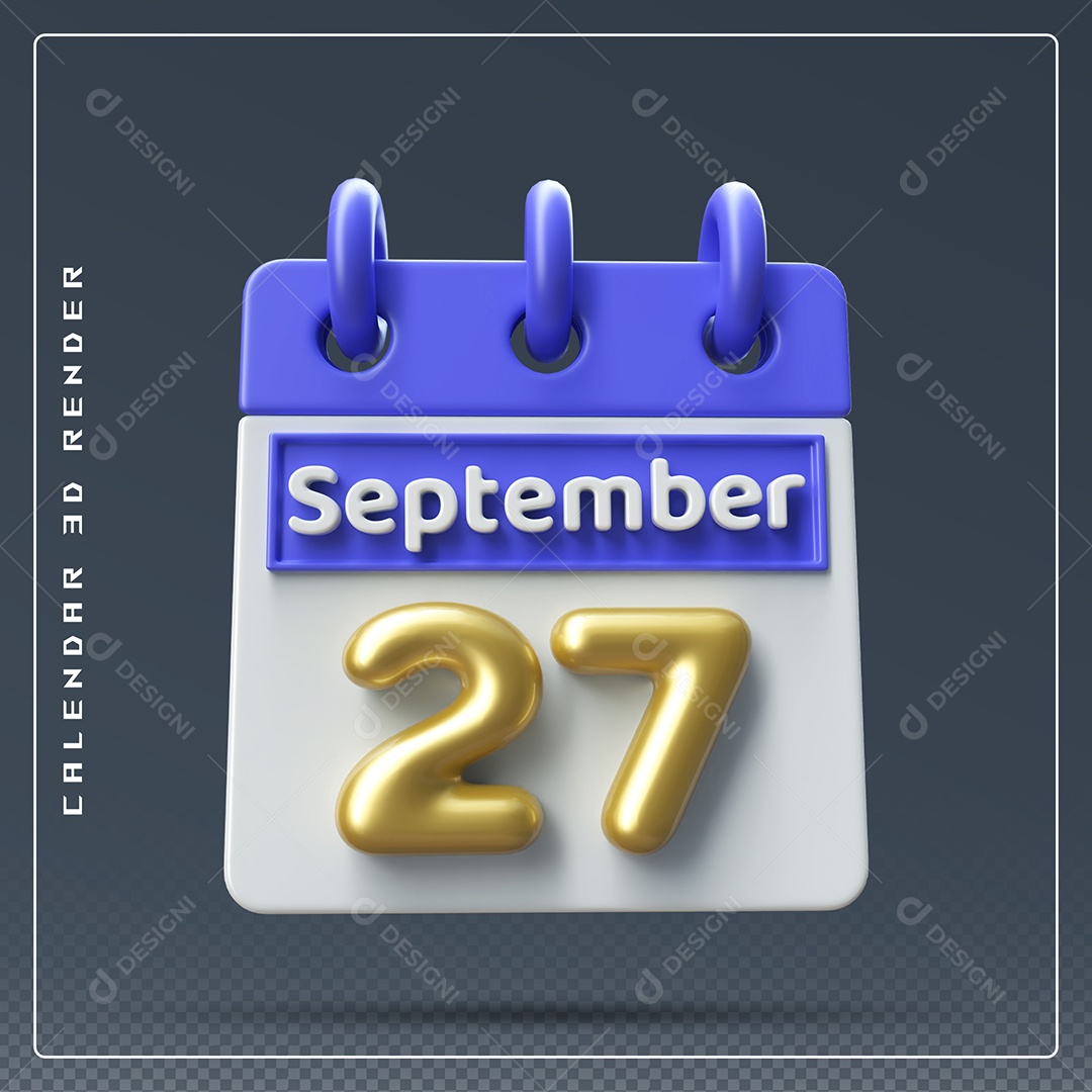 Calendário Do mês Setembro Dia 27 Elemento 3D Azul Dourado e Branco Para Composição PSD