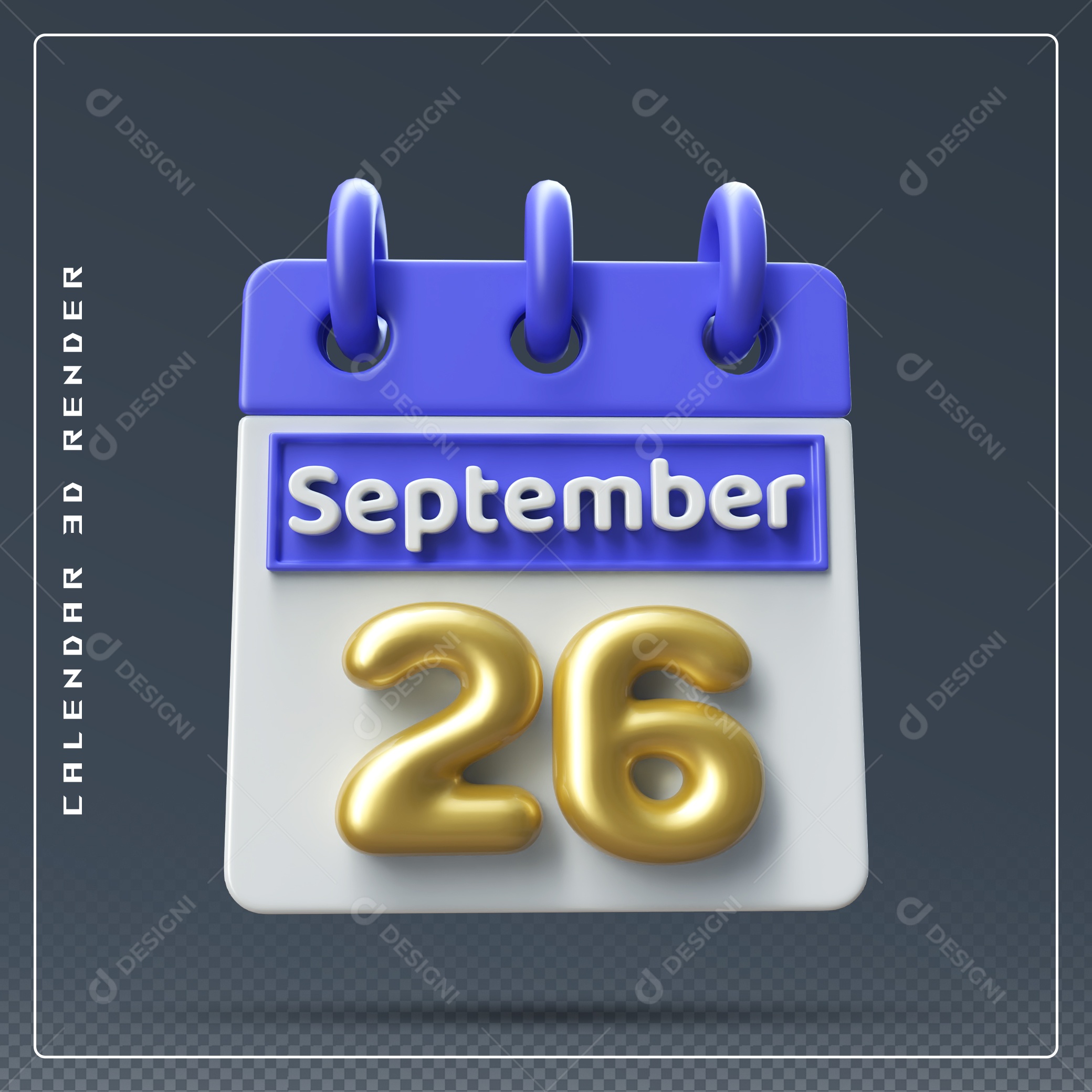 Calendário Do mês Setembro Dia 26 Elemento 3D Azul Dourado e Branco Para Composição PSD