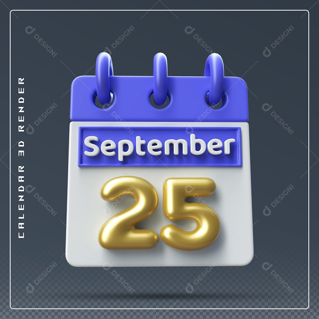 Calendário Do mês Setembro Dia 25 Elemento 3D Azul Dourado e Branco Para Composição PSD