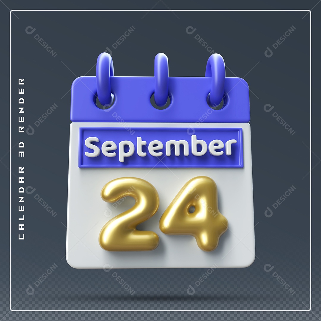 Calendário Do mês Setembro Dia 24 Elemento 3D Azul Dourado e Branco Para Composição PSD