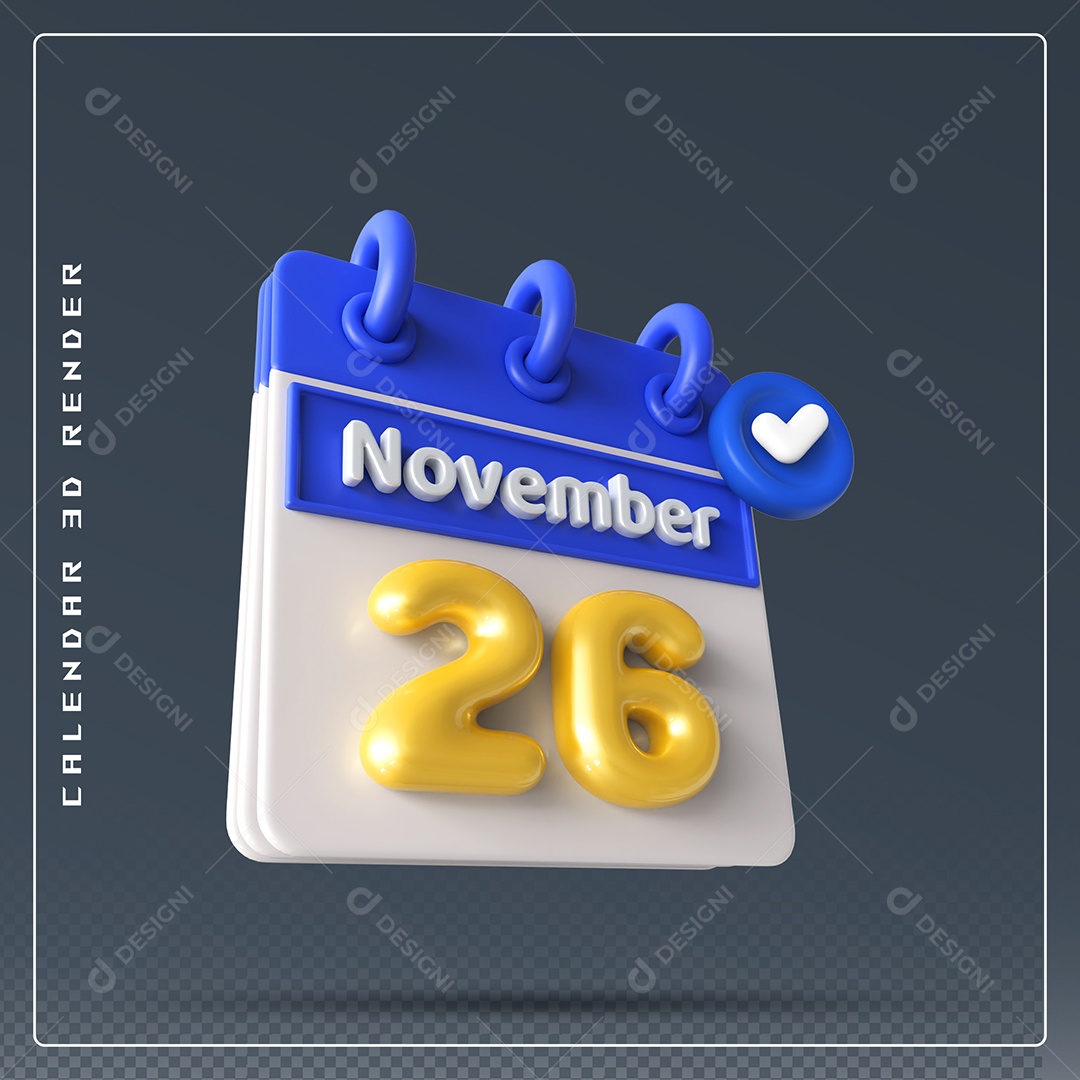 Calendário Do mês Novembro Dia 26 Elemento 3D Azul Dourado e Branco Para Composição PSD