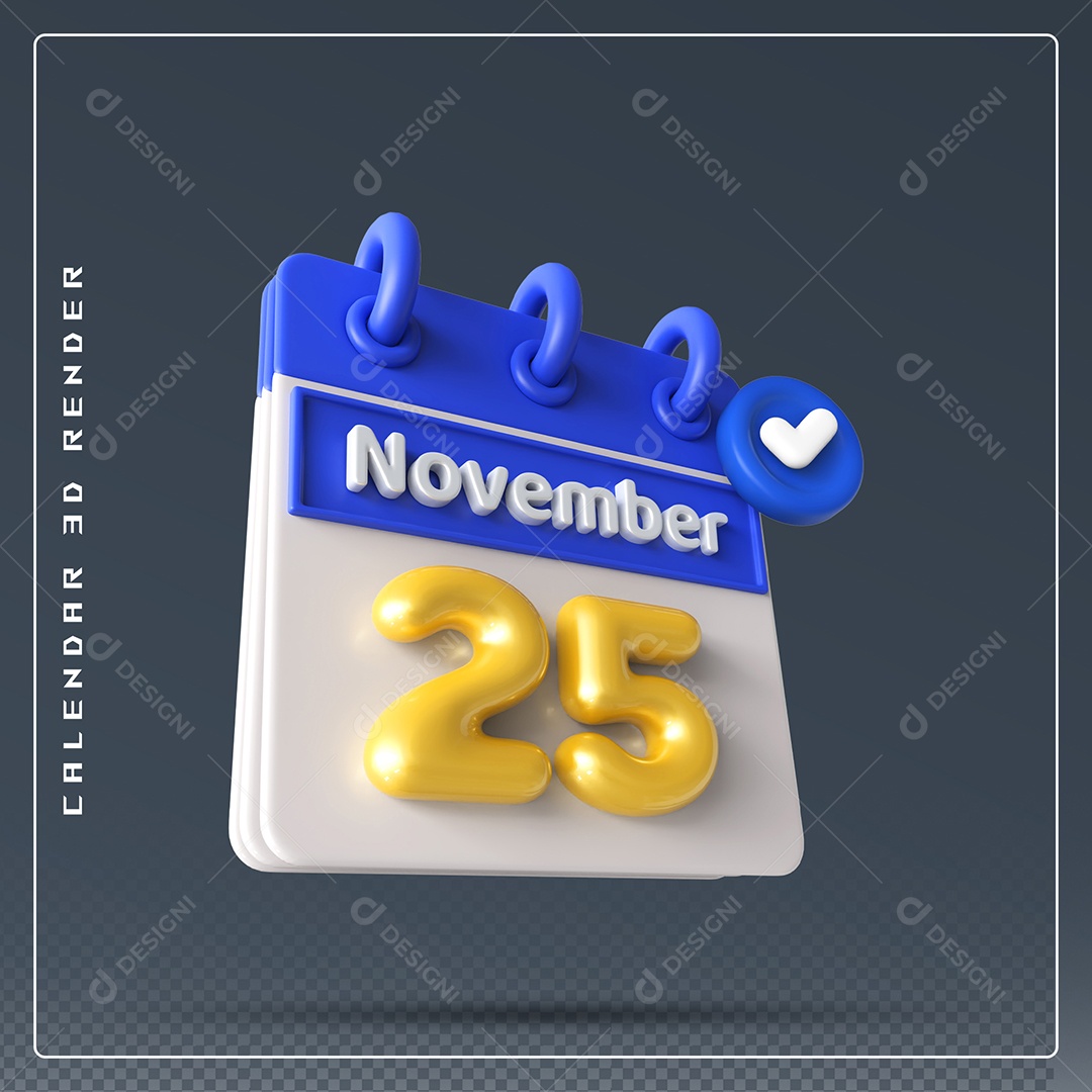 Calendário Do mês Novembro Dia 25 Elemento 3D Azul Dourado e Branco Para Composição PSD