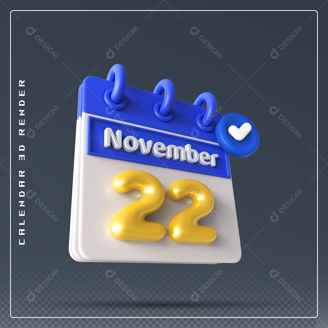 Calendário Do mês Novembro Dia 22 Elemento 3D Azul Dourado e Branco Para Composição PSD