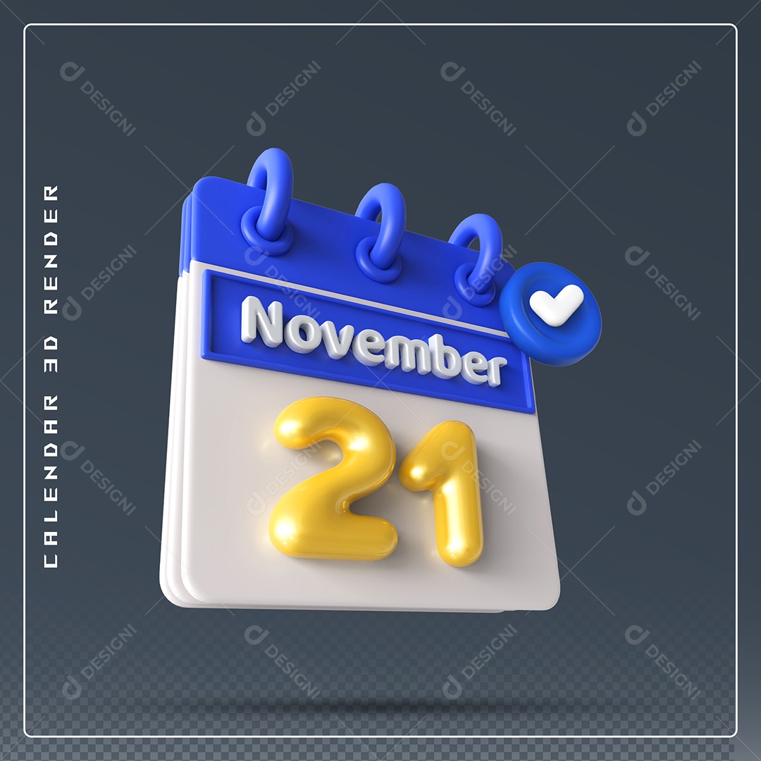 Calendário Do mês Novembro Dia 21 Elemento 3D Azul Dourado e Branco Para Composição PSD