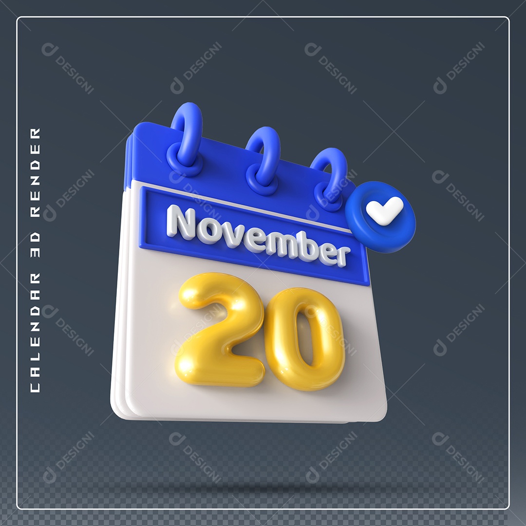 Calendário Do mês Novembro Dia 20 Elemento 3D Azul Dourado e Branco Para Composição PSD