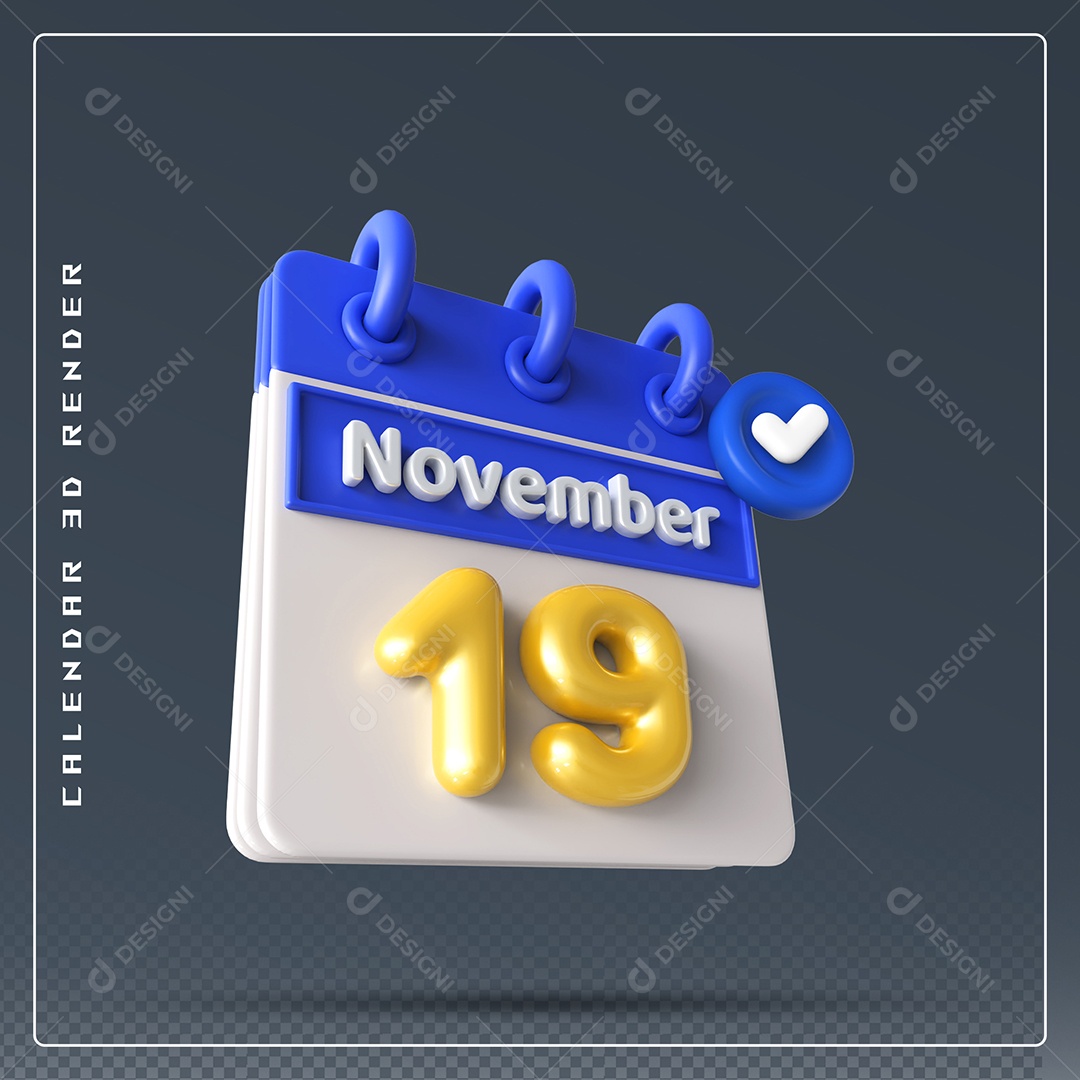Calendário Do mês Novembro Dia 19 Elemento 3D Azul Dourado e Branco Para Composição PSD
